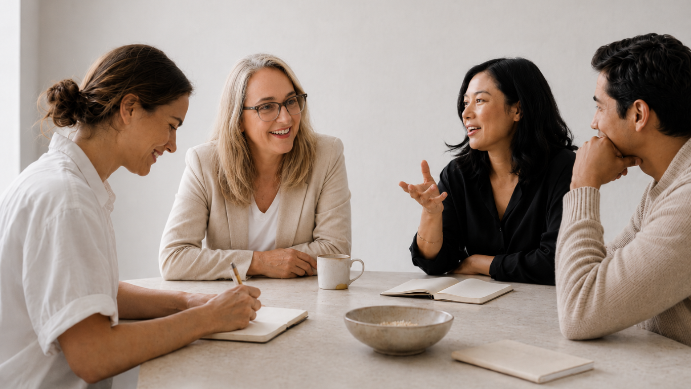 Personas de distintas edades conversan y construyen claridad alrededor de una mesa