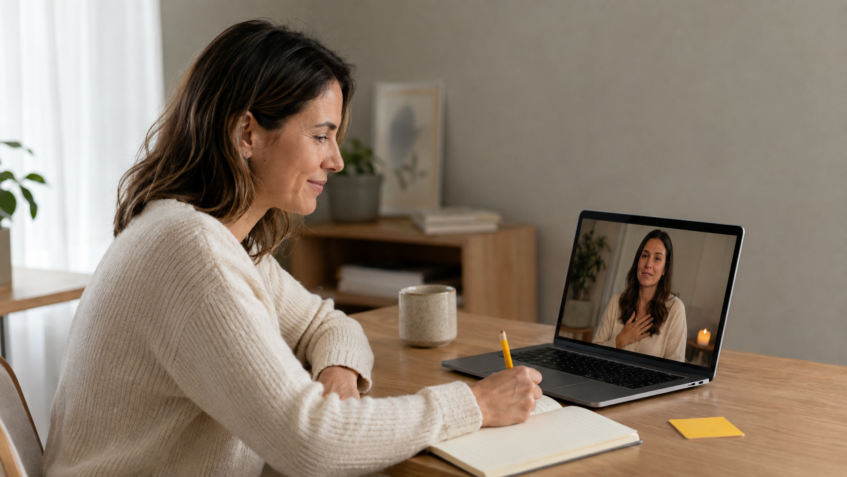 Mujer participando en una sesión online de HÜMAN mientras escribe en su notebook